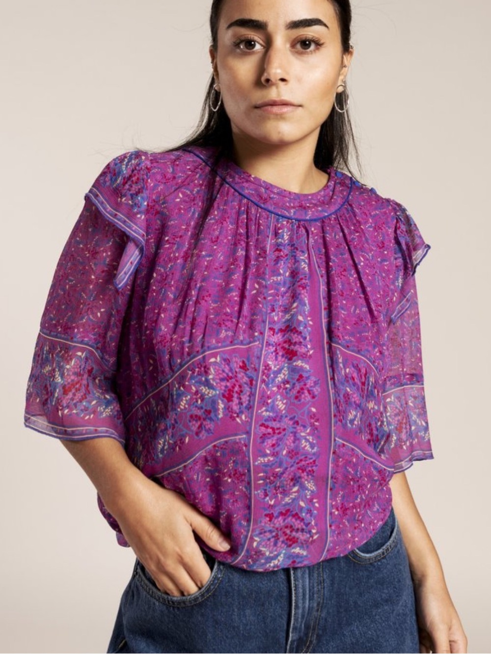 Ba&sh Moccha Top Fuchsia Floral Print Chiffon Size Small Short Sleeve Blouse